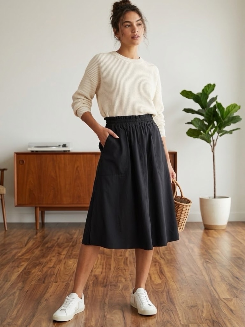 Athleta Black A-Line Midi Skirt with Elastic Waist and Pockets